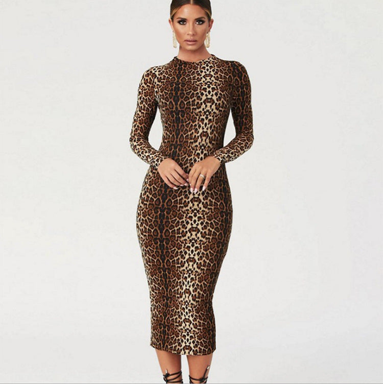 2025 cross-border autumn and winter new women's clothing Amazon European and American fashion leopard print long sleeve sexy slim dress