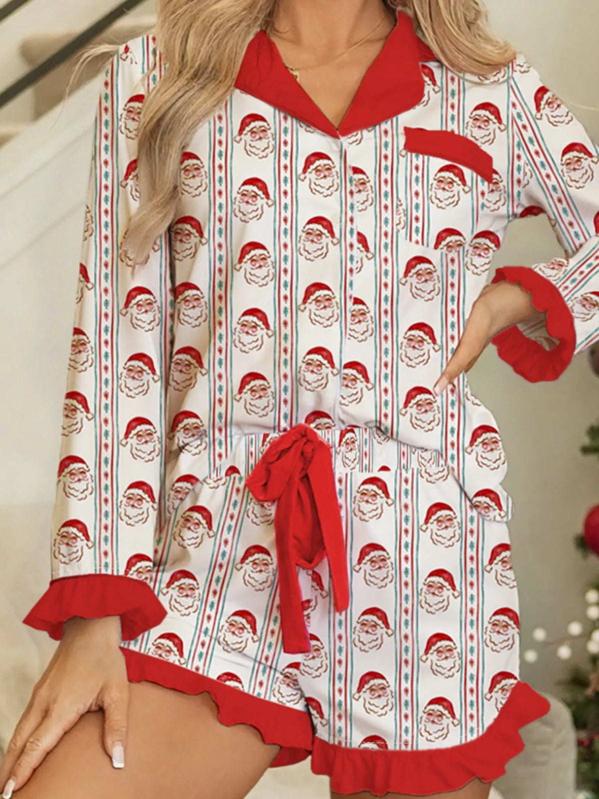 Christmas Santa & Stripes Ruffle Top and Shorts Set