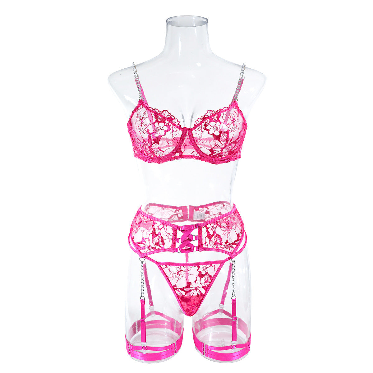 Ins Cross-Border Aliexpress Best-Selling Mesh Embroidered Hanging Chain Garter Cut Out Cross Sexy Lingerie Four-Piece Set