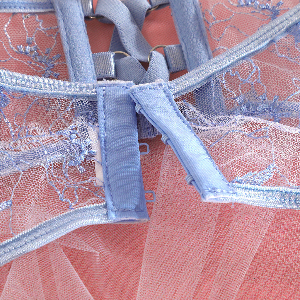 Ins Cross-Border Aliexpress Best-Selling Mesh Embroidered Hanging Chain Garter Cut Out Cross Sexy Lingerie Four-Piece Set