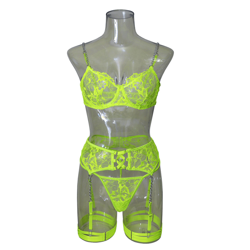 Ins Cross-Border Aliexpress Best-Selling Mesh Embroidered Hanging Chain Garter Cut Out Cross Sexy Lingerie Four-Piece Set