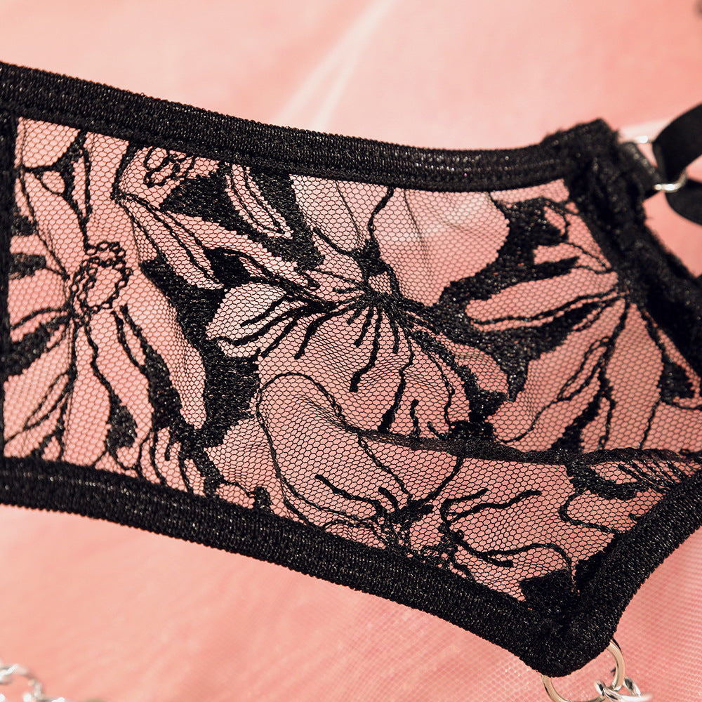 Ins Cross-Border Aliexpress Best-Selling Mesh Embroidered Hanging Chain Garter Cut Out Cross Sexy Lingerie Four-Piece Set
