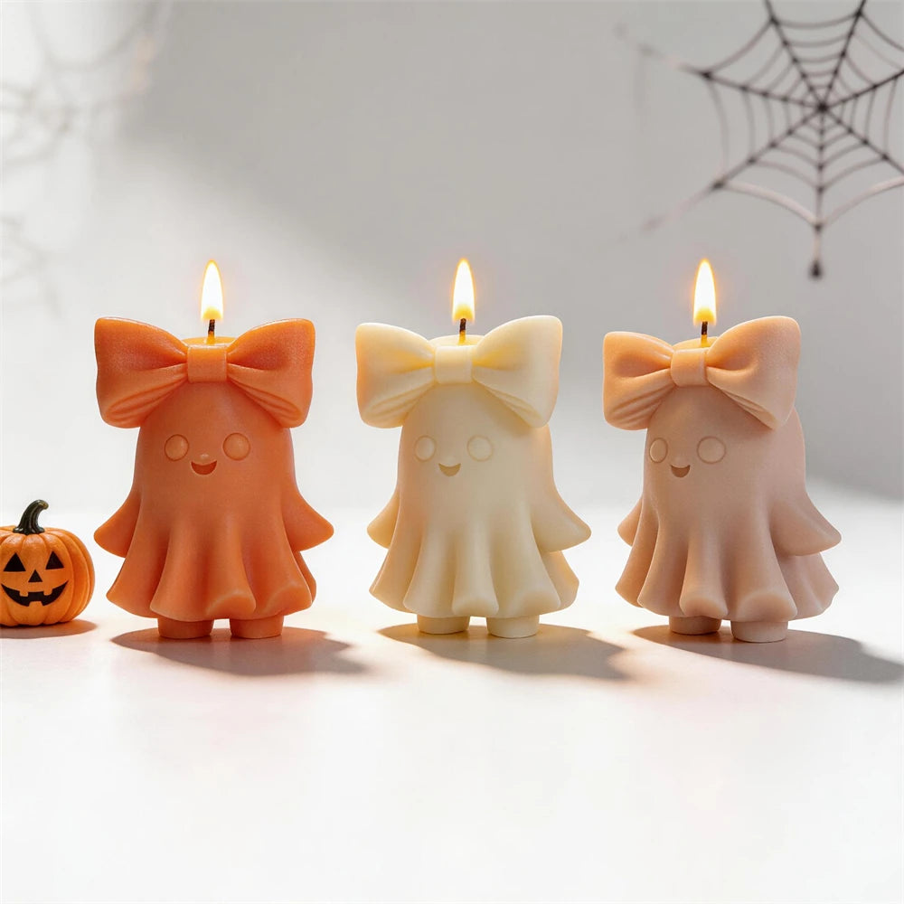 Trick or Treat Cute Bowknot Ghost Figurine Silicone Candle Mold Halloween Decor Ghost Resin Plaster Soap Silicone Mold
