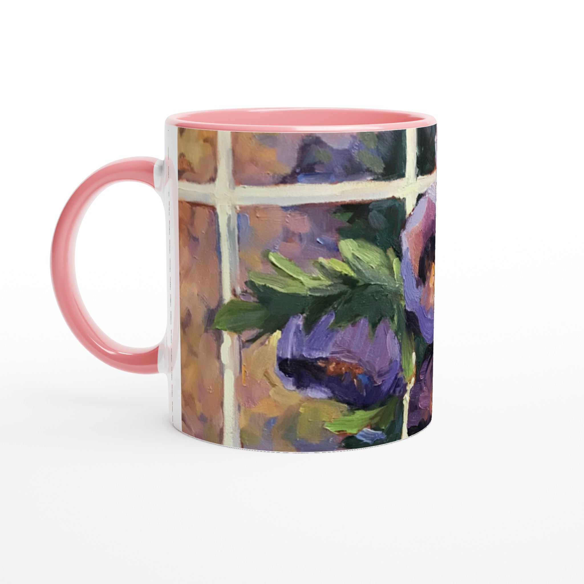 11oz White Ceramic Mug with Color Inside | Coffee Cup with 'Purple Flowers' Artwork by American Artist Barbara Cleary